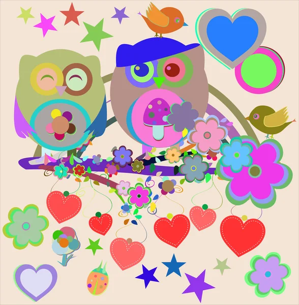 Vector Two cute owls and bird on the flower tree branch — ストックベクタ