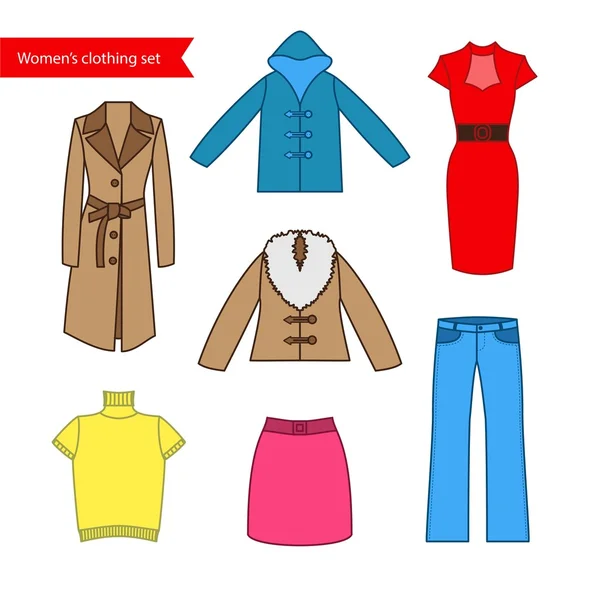 Conjunto de ícones vetoriais de roupas femininas para o seu design. Colorido — Vetor de Stock