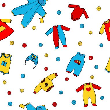 Küçük bebek için clothess ile şirin seamless modeli. Sorunsuz vektör çizim bir çocuk ürünler, promosyonlar, satış için el ilanları ambalaj tasarımı için yenidoğan için düz bir stil giyim