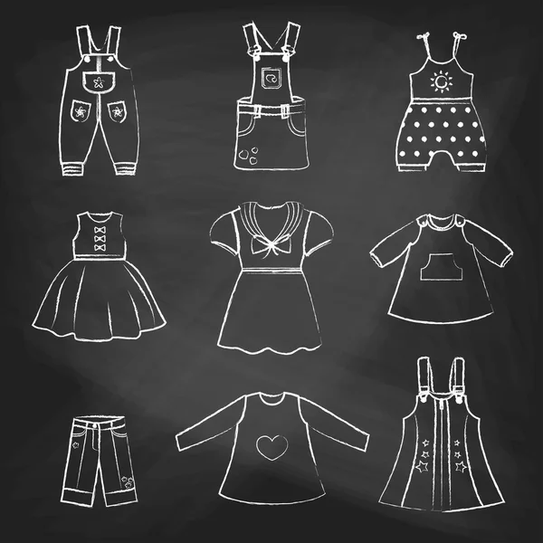 CHALK style icons. Set of cute dresses for the little girl. Collection of clothing in a linear style for the child. Vector outline illustration. Vector outline illustration set for your design — 图库矢量图片