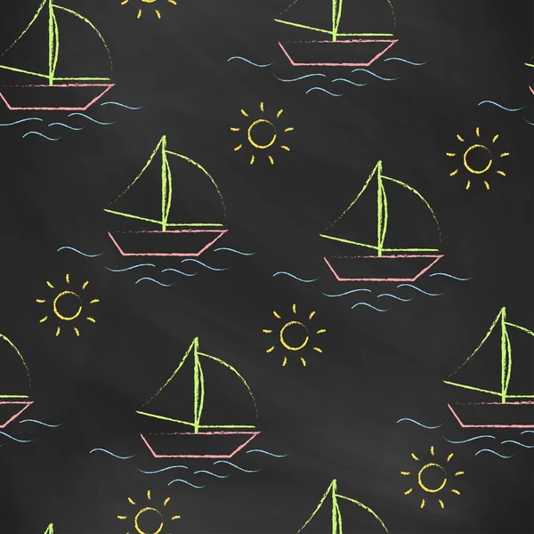 Seamless pattern black chalk board with color childrens chalk drawings. Hand-drawn style.  Seamless vector wallpaper with the image of boat, sea and sun — Stock Vector