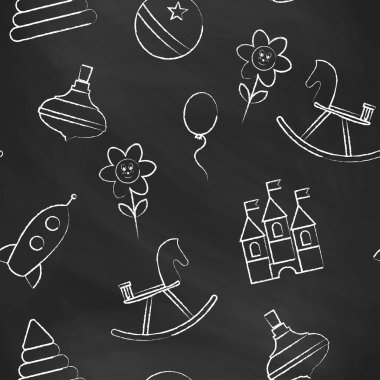 Beyaz çocuk tebeşir çizimleri ile Dikişsiz desen siyah tebeşir kurulu. Elle çizilmiş tarz. Balon, çiçek, at, piramit, roket, top, whirligig görüntü ile Dikişsiz vektör duvar kağıdı