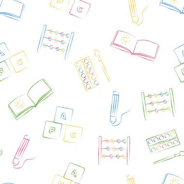 Seamless pattern with color childrens chalk drawings on white background. Hand-drawn style. Seamless vector wallpaper with the image of colors, brushes, album and other school items
