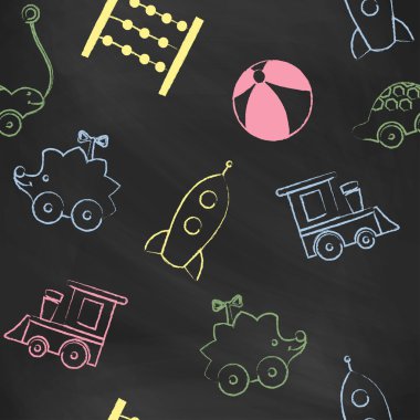 Seamless pattern black chalk board with color childrens chalk drawings. Hand-drawn style. Seamless vector wallpaper with the image of   hedgehog, key wind-up toy, rocket, train.