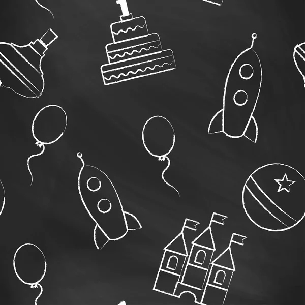 Seamless pattern black chalk board with white childrens chalk drawings. Hand-drawn style. Seamless vector wallpaper with the image of balloon, rocket, ball, castle, cake — Wektor stockowy