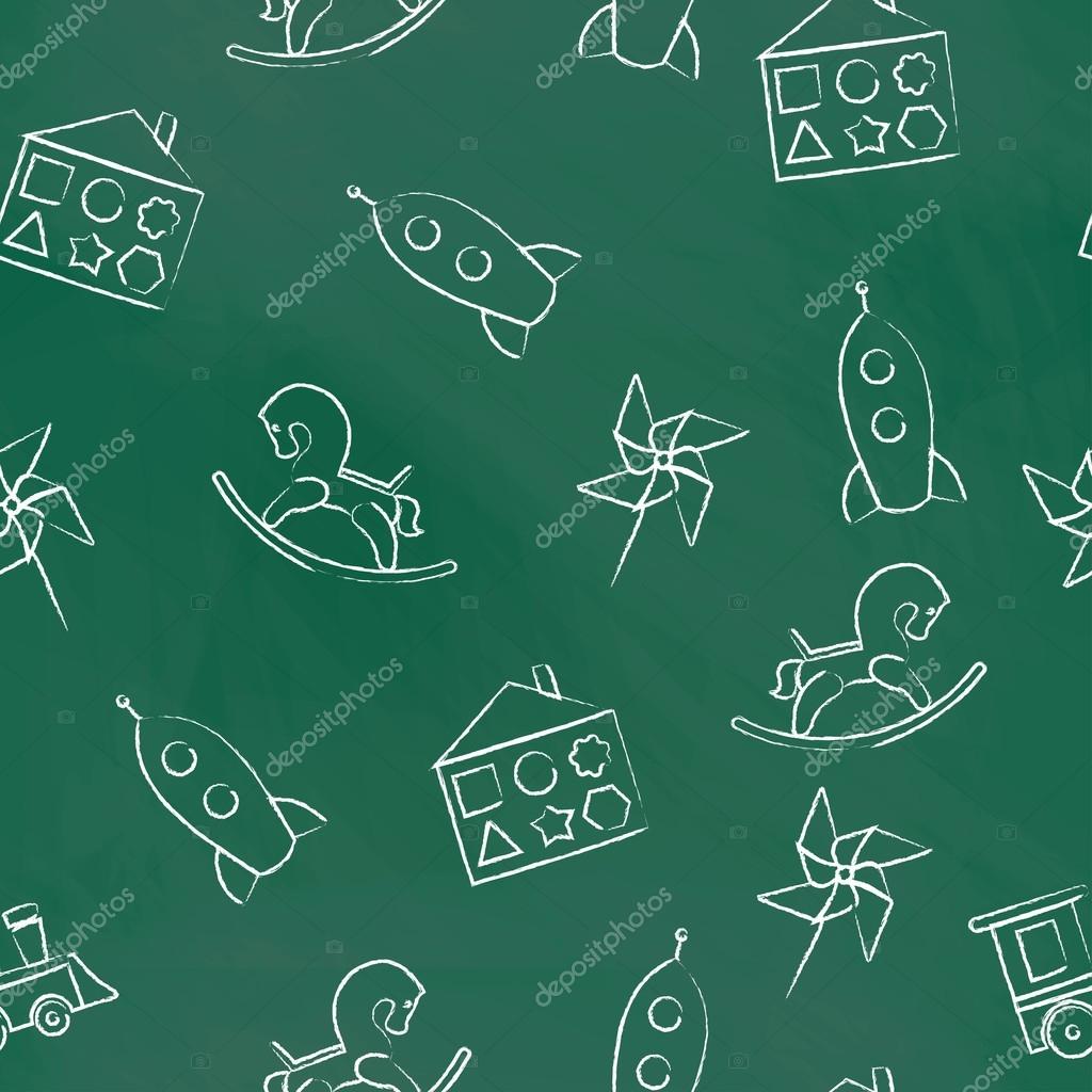 Patrón inconsútil pizarra de tiza verde con dibujos de tiza para niños  blancos. Estilo dibujado a, image size:1024x1024
