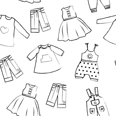 Seamless pattern white background with cute black dresses for the little girl. Collection of clothing in a linear style for the child. Hand-drawn crayon style. Seamless vector wallpaper