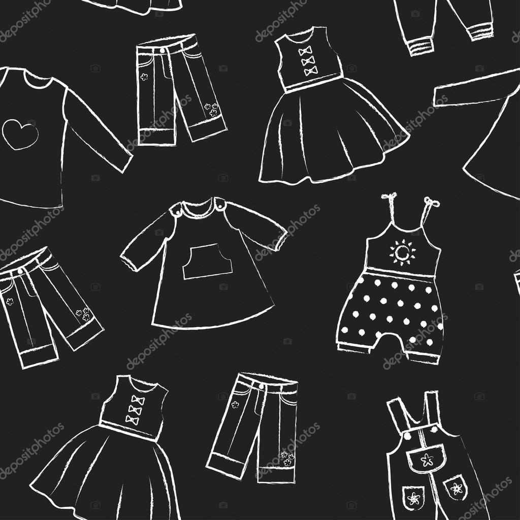Seamless pattern black background with cute white dresses for the little  girl. Collection of clothing in a linear style for the child. Hand-drawn  style. Seamless vector wallpaper Stock Vector Image by ©A-Y-N #