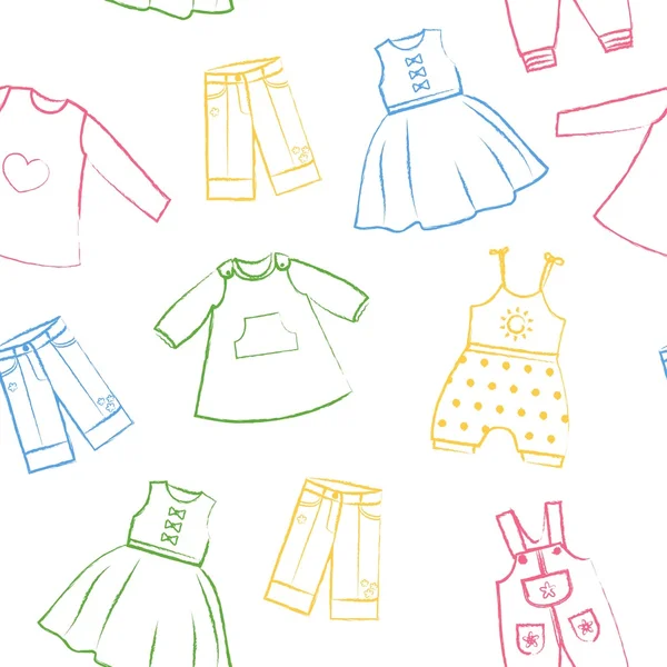 Patrón sin costuras fondo blanco con lindos vestidos de colores para la niña. Colección de ropa en un estilo lineal para el niño. Estilo dibujado a mano. Fondo de pantalla de vector sin costuras — Archivo Imágenes Vectoriales