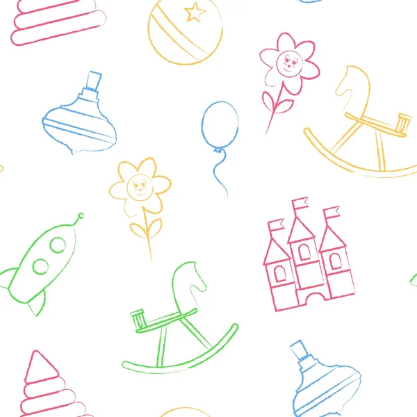 Seamless pattern with color crayon childrens drawings on white background. Hand-drawn style. Seamless vector wallpaper with the image of balloon, flower, horse, pyramid, rocket, ball, whirligig — Stock Vector