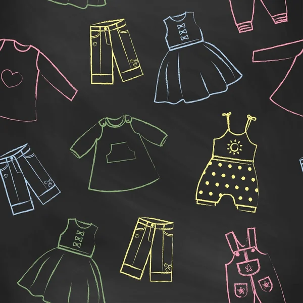无缝花纹黑色粉笔板与可爱连衣裙的小女孩。孩子的衣服上是直线型的的集合。手绘风格。无缝矢量壁纸 — 图库矢量图片