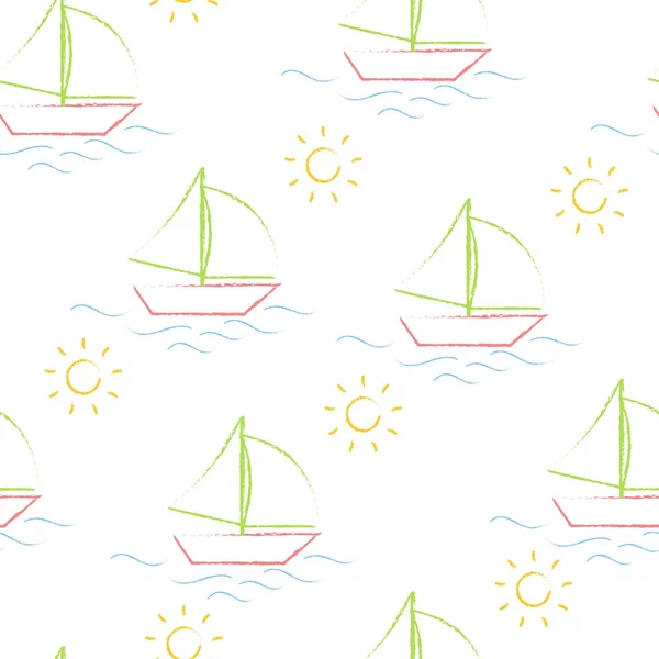 Безшовний візерунок кольору олівців дитячих малюнків на білому тлі. Мальований вручну стиль. Безшовні векторні шпалери з зображенням човна, моря і сонця — стоковий вектор
