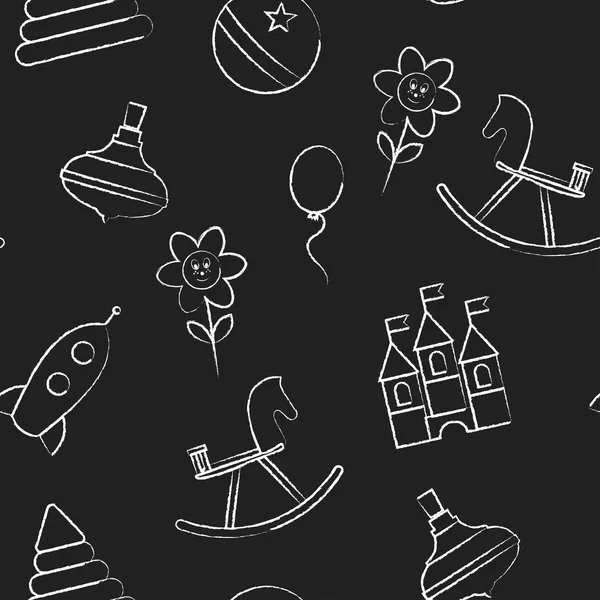 Seamless pattern  with white childrens chalk drawings jn black background. Hand-drawn style. Seamless vector wallpaper with the image of   hedgehog, key wind-up toy, rocket, train. — Stock Vector