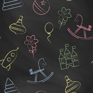 Renkli çocuk tebeşir çizimleri ile Dikişsiz desen siyah tebeşir kurulu. Elle çizilmiş tarz. Balon, çiçek, at, piramit, roket, top, whirligig görüntü ile Dikişsiz vektör duvar kağıdı