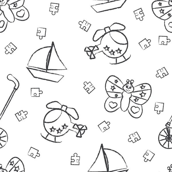 Seamless pattern childrens black felt-tip pen drawings on white background. Hand-drawn style. Seamless vector wallpaper with the image Rolling toys, butterfly, helicopter, boat, puzzle — Stock Vector