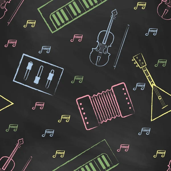 Patrón sin costuras pizarra de tiza negra con dibujos de tiza para niños de color. Estilo dibujado a mano. Fondo de pantalla de vector sin costuras con la imagen de instrumentos musicales piano, balalaika, mezclador, arco de violín, nota — Archivo Imágenes Vectoriales