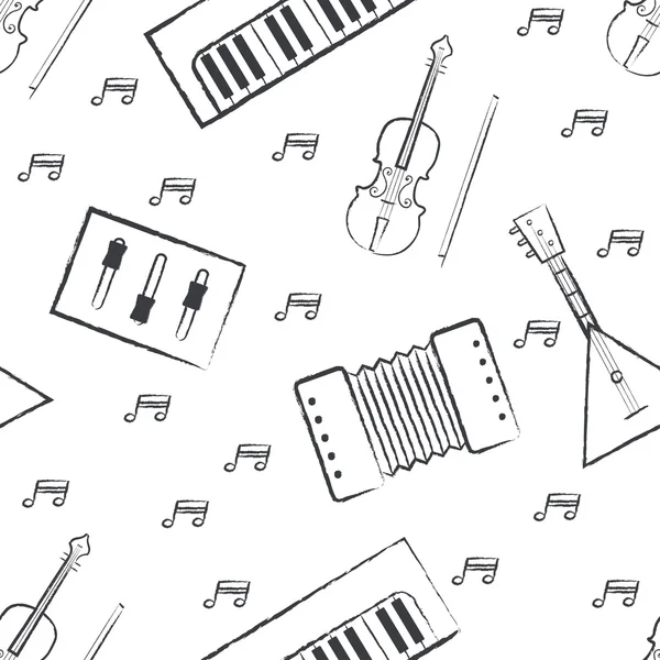 Patrón sin costuras gris oscuro niños dibujos a lápiz sobre fondo blanco. Estilo dibujado a mano. Fondo de pantalla de vector sin costuras con la imagen de instrumentos musicales piano, balalaika, mezclador, arco de violín, nota — Vector de stock