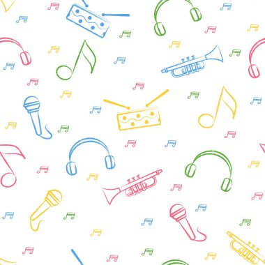 Beyaz arka plan üzerinde dikişsiz desen çocuk renk boya kalemleri çizimleri. Elle çizilmiş tarz. Davul, mikrofon, boru, kulaklık ve notgörüntüsü ile dikişsiz vektör duvar kağıdı