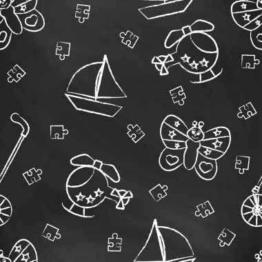 Beyaz çocuk tebeşir çizimleri ile Seamless modeli. Tarzı çizilmiş. Sorunsuz vektör duvar kağıdı ile görüntü Rolling oyuncak, kelebek, helikopter, gemi, bulmaca