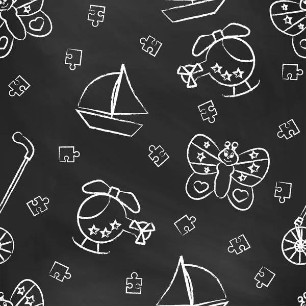 Seamless pattern with white childrens chalk drawings. Hand-drawn style. Seamless vector wallpaper with the image Rolling toys, butterfly, helicopter, boat, puzzle — Stock Vector