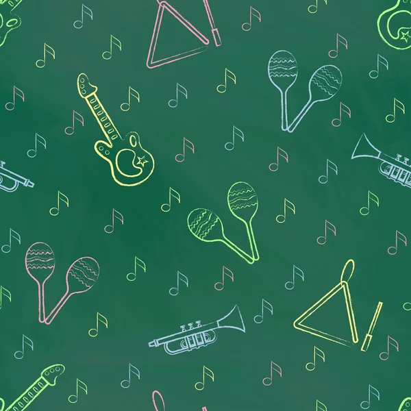 Motif sans couture panneau de craie vert avec des dessins à la craie pour enfants de couleur. Style dessiné à la main. Papier peint vectoriel sans couture avec l'image des instruments de musique maracas, guitare, triangle musical, note — Image vectorielle