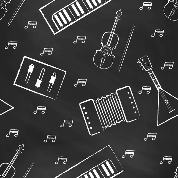 Patrón inconsútil pizarra de tiza negra con dibujos de tiza para niños blancos. Estilo dibujado a mano. Fondo de pantalla de vector sin costuras con la imagen de instrumentos musicales piano, balalaika, mezclador, arco de violín, nota — Archivo Imágenes Vectoriales