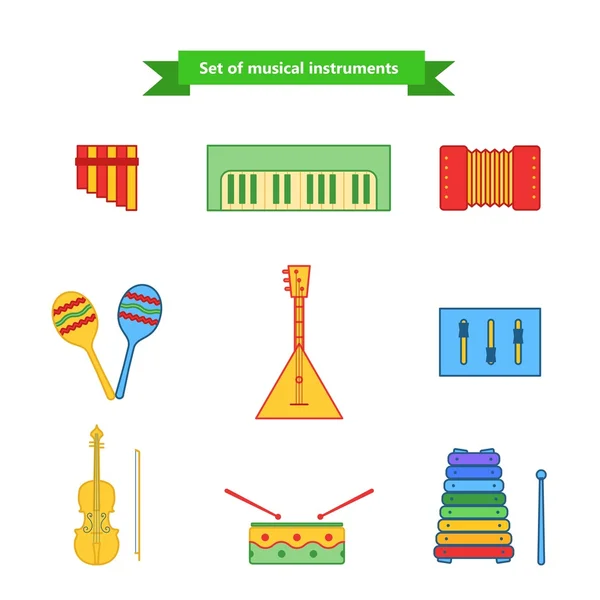 Set von Vektor-Musik-Icons. Kinder Musik Spielzeug Sammlung von Vektor-Icons. Vektorillustration in flachem Stil. Vektorelemente für Webdesign, mobile Anwendungen, Design-Flyer, Rabatte usw. — Stockvektor