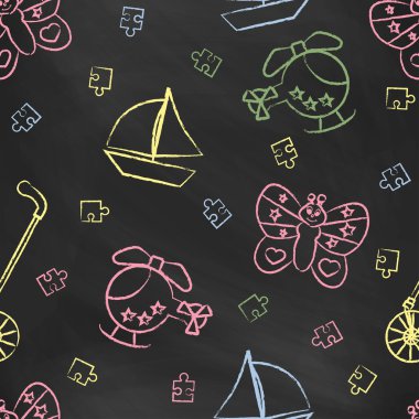 Dikişsiz desen renk çocuk tebeşir çizimleri ile. Tarzı çizilmiş. Sorunsuz vektör duvar kağıdı ile görüntü Rolling oyuncak, kelebek, helikopter, gemi, bulmaca