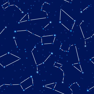 Vektör seamless modeli. Uzay arka plan gece gökyüzü görüntü ile burç Terazi, büyük köpek, küçük köpek, küçük ayı, büyük ayı, Leo. Astronomik bir astrolojik tasarım öğeleri