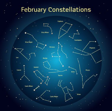 Şubat ayında gece gökyüzü takımyıldızlar vektör çizim. Parlayan yıldız astronomi ve Astroloji ile ilgili alanı tasarım öğeleri ile koyu mavi bir daire