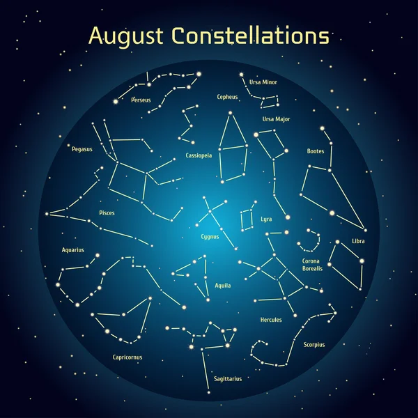 Illustration vectorielle des constellations du ciel nocturne en août. Éclairage d'un cercle bleu foncé avec des étoiles dans l'espace Éléments de conception relatifs à l'astronomie et à l'astrologie — Image vectorielle