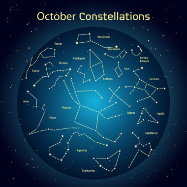Gece gökyüzü takımyıldızlar vektör Illustration Ekim ayında. Parlayan yıldız astronomi ve Astroloji ile ilgili alanı tasarım öğeleri ile koyu mavi bir daire