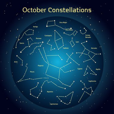 Vector illustration of the constellations of the night sky in October. Glowing a dark blue circle with stars in space Design elements relating to astronomy and astrology clipart