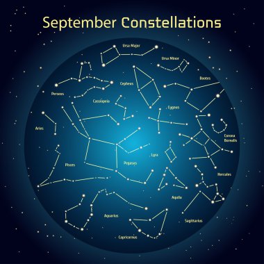 Gece gökyüzü takımyıldızlar vektör Illustration Eylül ayında. Parlayan yıldız astronomi ve Astroloji ile ilgili alanı tasarım öğeleri ile koyu mavi bir daire