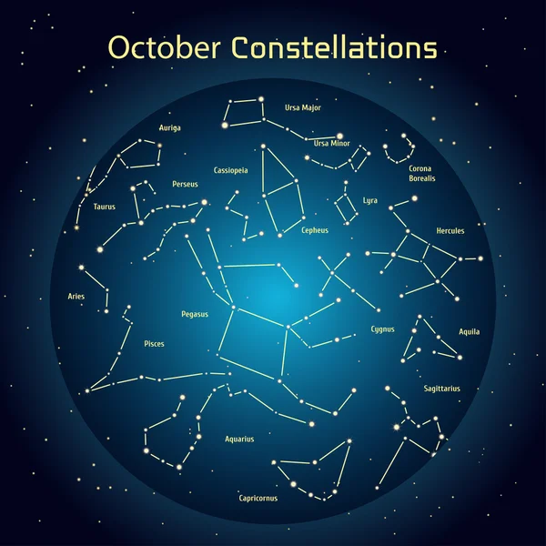 Vector εικονογράφηση των αστερισμών του ουρανού νύχτα τον Οκτώβριο. Λαμπερό ένα σκούρο μπλε κύκλος με αστέρια σε χώρο στοιχεία σχεδιασμού που σχετίζονται με την αστρονομία και την αστρολογία — Διανυσματικό Αρχείο