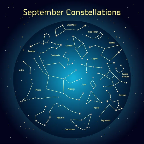 Illustration vectorielle des constellations du ciel nocturne en septembre. Éclairage d'un cercle bleu foncé avec des étoiles dans l'espace Éléments de conception relatifs à l'astronomie et à l'astrologie — Image vectorielle