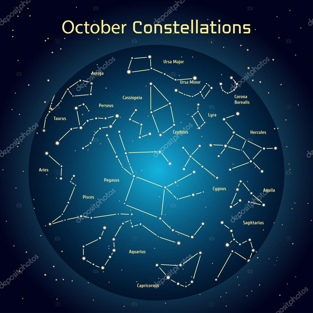 10 月の夜空の星座のベクター イラストです 輝く空間デザイン要素に関する天文学と占星術の星と暗い青い円 ストックベクター C A Y N