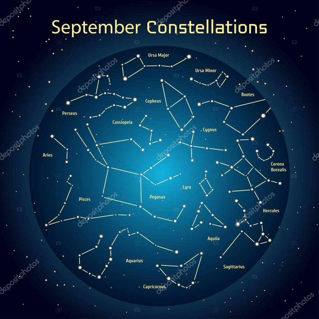 Vector illustration of the constellations of the night sky in September. Glowing a dark blue