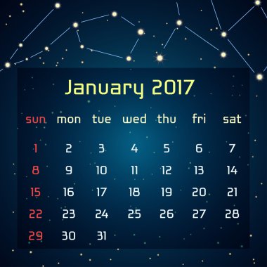 Vector calendar for 2017 in the space style. Calendar for the month of January with the image of the constellations clipart