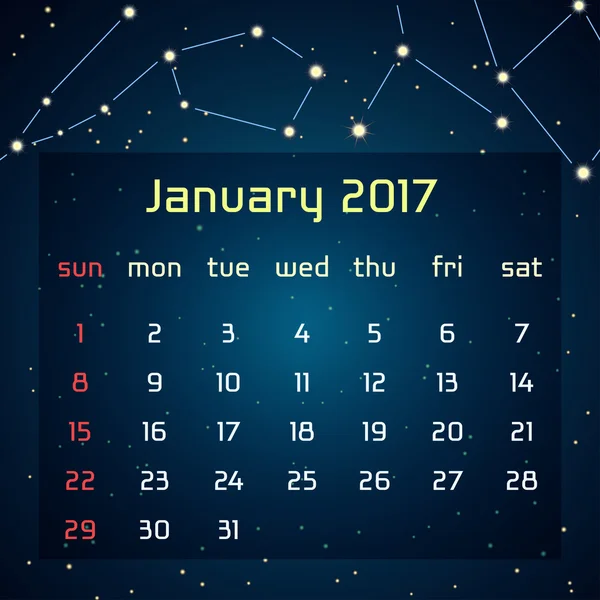 Vektorové kalendář pro 2017 v prostoru stylu. Kalendář na měsíc leden s obrázkem souhvězdí — Stockový vektor
