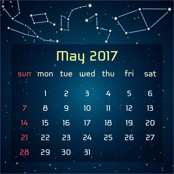 Vektorové kalendář pro 2017 v prostoru stylu. Kalendář pro měsíc květen s obrázkem souhvězdí v noční hvězdnou oblohu. Prvky pro kreativní design myšlenky kalendáře — Stockový vektor