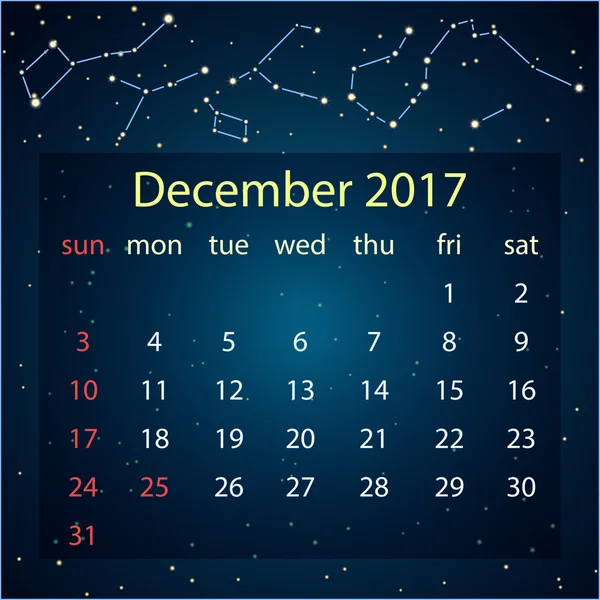 Vektorové kalendář pro 2017 v prostoru stylu. Kalendář pro měsíc prosinec s obrázkem souhvězdí v noční hvězdnou oblohu. Prvky pro kreativní design myšlenky kalendáře — Stockový vektor