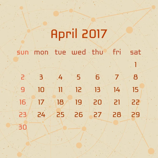 Vektorkalender für 2017 im Retro-Stil. Kalender für den Monat April mit dem Bild der Sternbilder auf beige zerkratztem Hintergrund. Elemente für kreative Gestaltungsideen Ihres Kalenders — Stockvektor