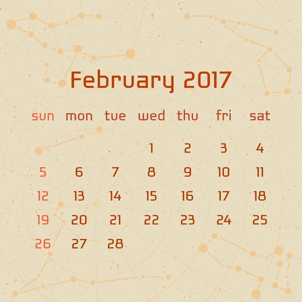 Vektorové kalendář pro 2017 v retro stylu. Kalendář pro měsíc únor s obrázkem souhvězdí na béžové pozadí poškrábaný. Prvky pro kreativní design myšlenky kalendáře — Stockový vektor