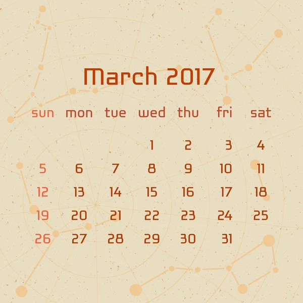 Vektorové kalendář pro 2017 v retro stylu. Kalendář pro měsíc Mach s obrázkem souhvězdí na béžové pozadí poškrábaný. Prvky pro kreativní design myšlenky kalendáře — Stockový vektor