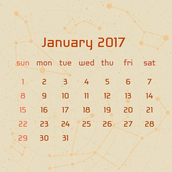 Vektorové kalendář pro 2017 v retro stylu. Kalendář na měsíc leden s obrázkem souhvězdí na béžové pozadí poškrábaný. Prvky pro kreativní design myšlenky kalendáře — Stockový vektor