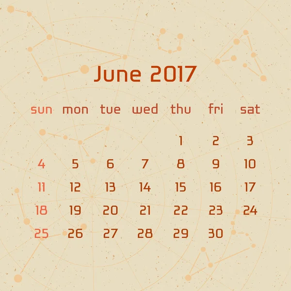 Vektorové kalendář pro 2017 v retro stylu. Kalendář pro měsíc červen s obrázkem souhvězdí na béžové pozadí poškrábaný. Prvky pro kreativní design myšlenky kalendáře — Stockový vektor