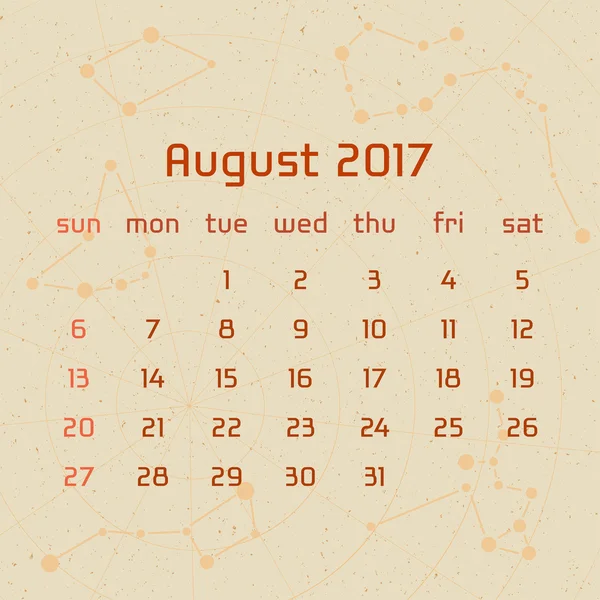 Vector kalender voor 2017 in de retro stijl. Kalender voor de maand augustus met de afbeelding van de sterrenbeelden op beige bekrast achtergrond. Elementen voor de ideeën van het creatieve ontwerp van uw kalender — Stockvector