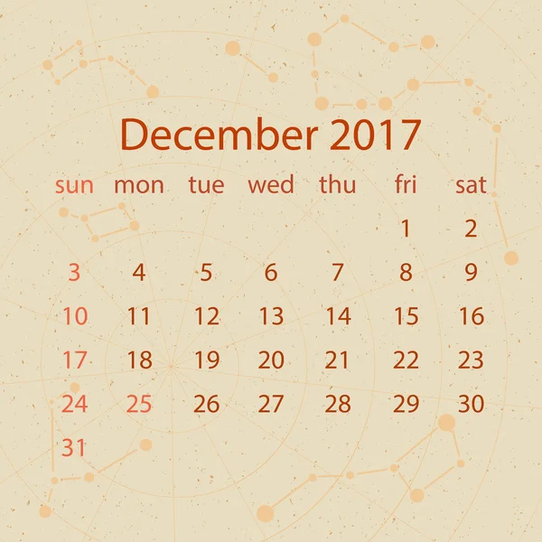 Vektorové kalendář pro 2017 v retro stylu. Kalendář pro měsíc prosinec s obrázkem souhvězdí na béžové pozadí poškrábaný. Prvky pro kreativní design myšlenky kalendáře — Stockový vektor