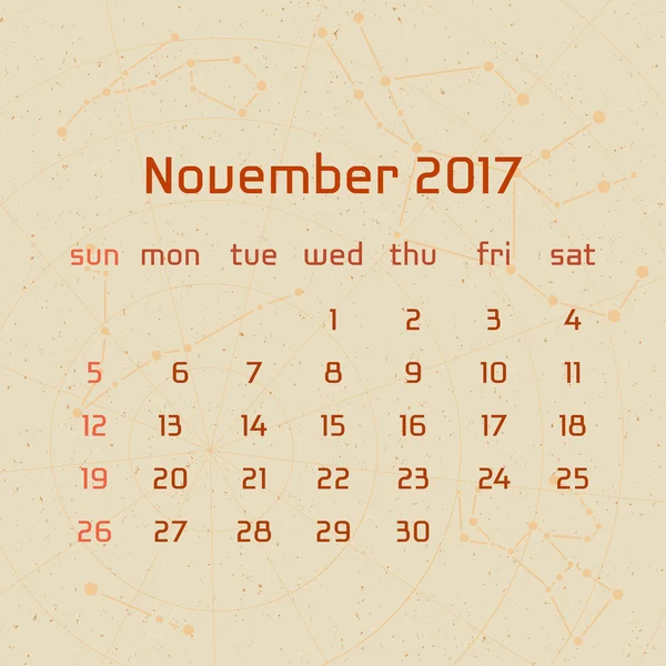 Vektorové kalendář pro 2017 v retro stylu. Kalendář pro měsíc listopad s obrázkem souhvězdí na béžové pozadí poškrábaný. Prvky pro kreativní design myšlenky kalendáře — Stockový vektor